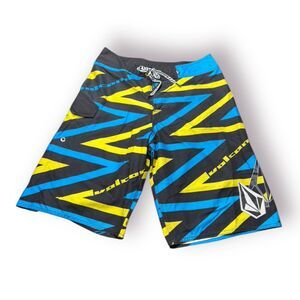 Volcom Blue Yellow Board Shorts Size‎ 32" Swim Trunks Retro Beach Shorts Y2K